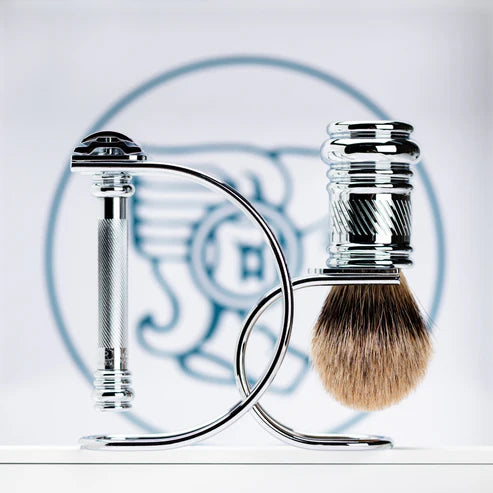 Merkur - 3pcs Shaving Set - Bright Chrome Finish - 38c DE Razor, Badger Brush & Stand