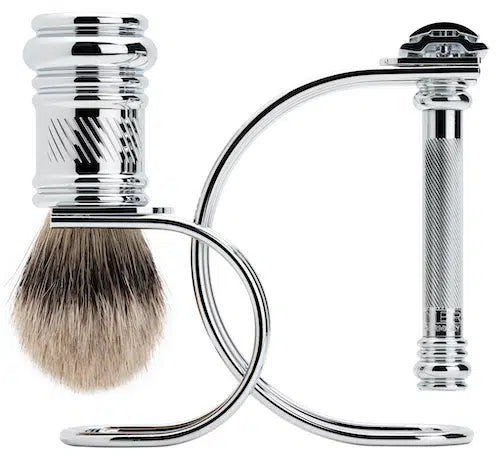 Merkur - 3pcs Shaving Set - Bright Chrome Finish - 38c DE Razor, Badger Brush & Stand