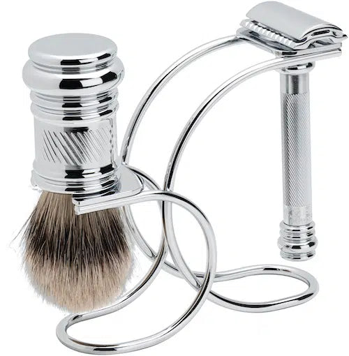 Merkur - 3pcs Shaving Set - Bright Chrome Finish - 38c DE Razor, Badger Brush & Stand