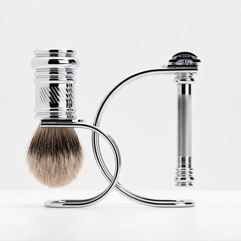 Merkur - 3pcs Shaving Set - Bright Chrome Finish - 38c DE Razor, Badger Brush & Stand