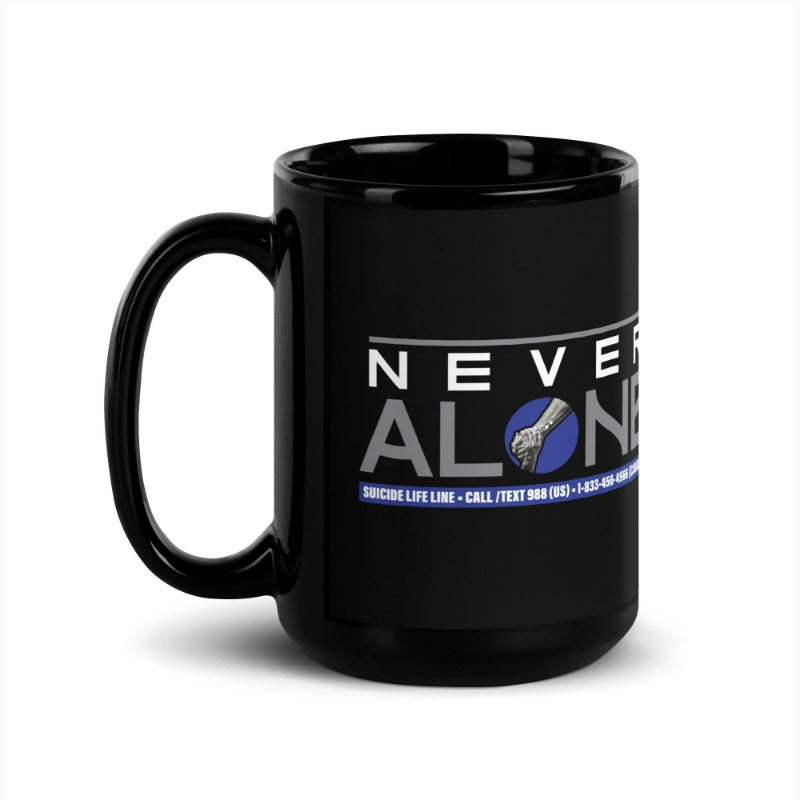 Black Glossy Coffee Mug with Never Alone Logo for Suicide Awareness