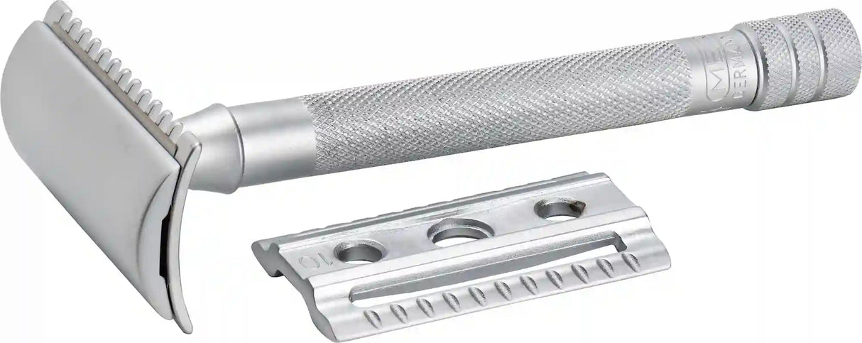 Merkur 22c Matt Chrome Dual Closed & Open Comb Plates 3 Piece Long Handle Safety Razor