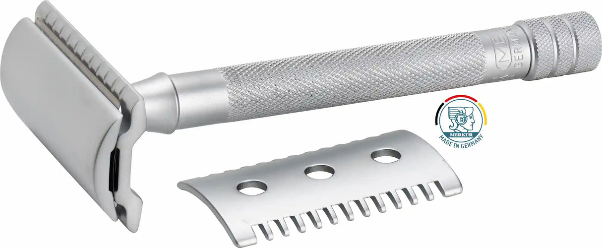 Merkur 22c Matt Chrome Dual Closed & Open Comb Plates 3 Piece Long Handle Safety Razor