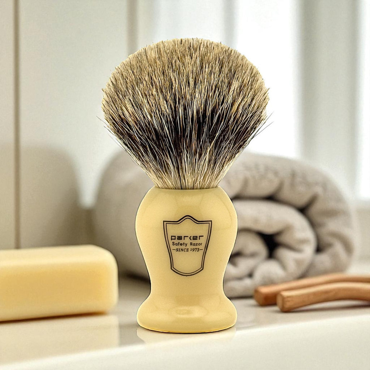 Parker Classic Ivory Handle Pure Badger Shaving Brush and Stand