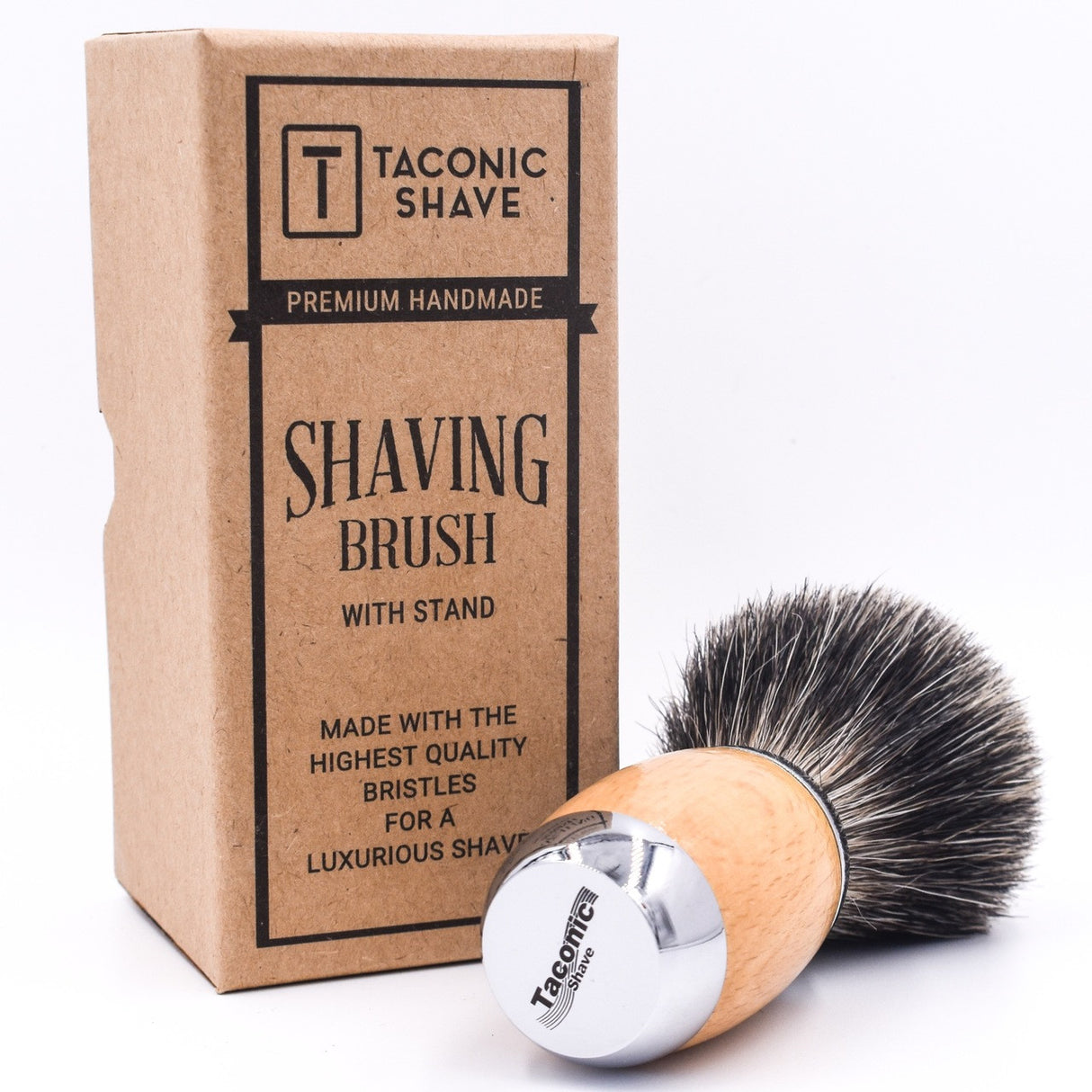 Taconic Shave Wood & Chrome Handle Mixed Badger Shave Brush & Stand