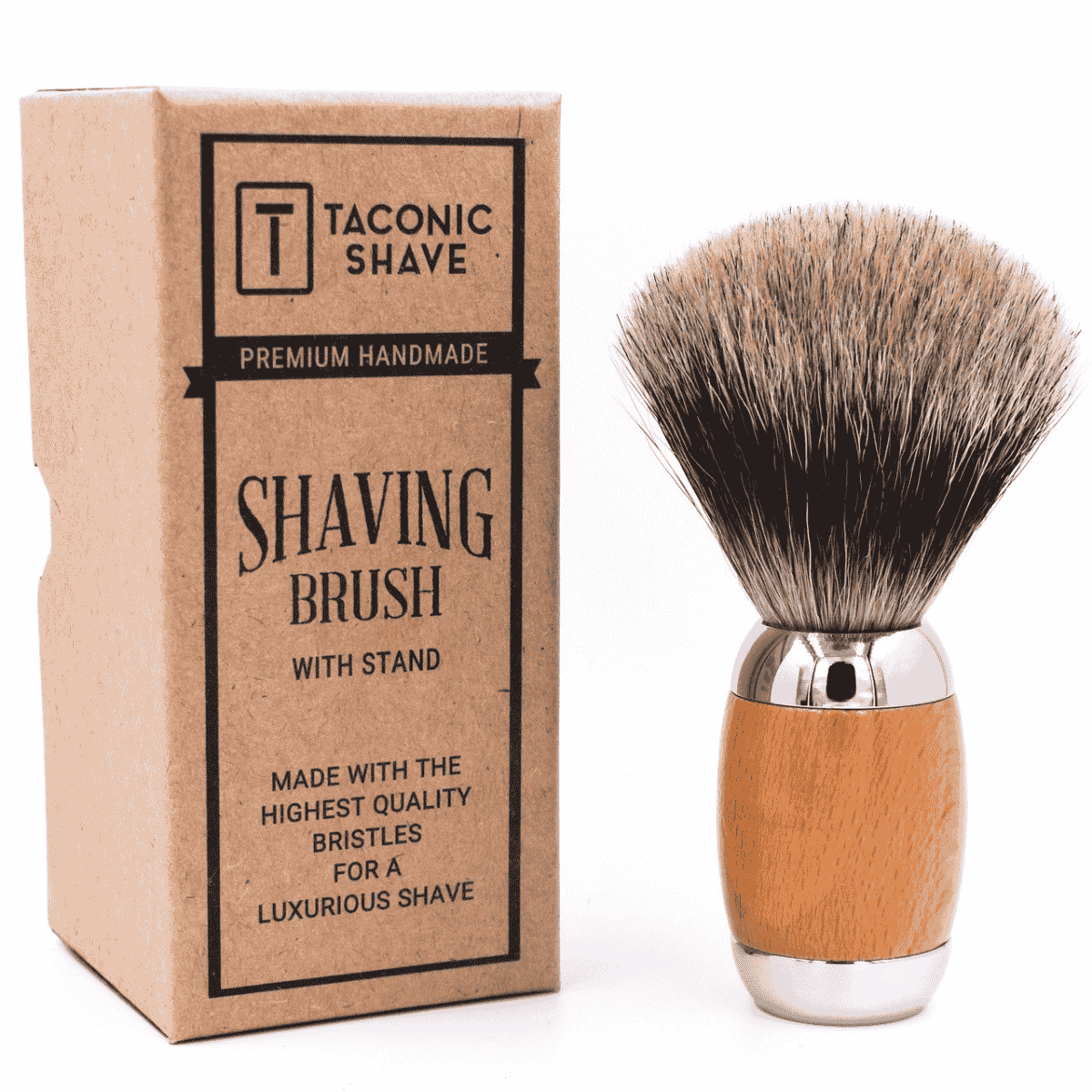 Taconic Shave Wood & Chrome Handle Deluxe Pure Badger Shave Brush & Stand