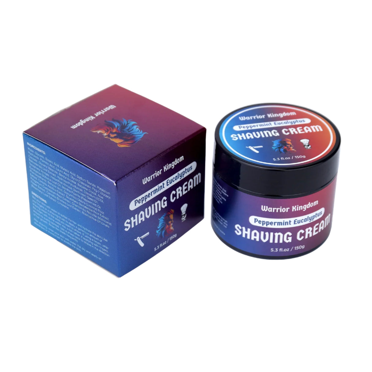 Warrior Kingdom Peppermint Eucalyptus Shaving Cream jar and packaging on a white background