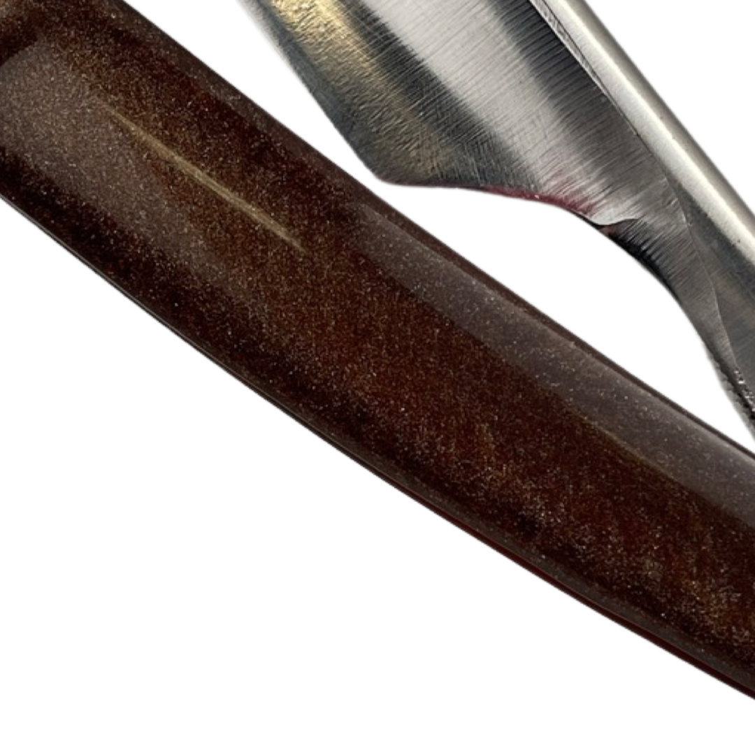 JJ Shorty - 6/8 Straight Razor with Barber Notch - Metallic Copper Acrylic Scales (Shave Ready)