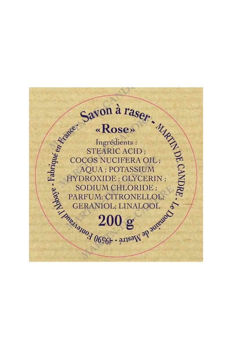 Martin de Candre Rose Shaving Soap 200g - Artisan Soap & 100% Vegan Description LIMITED EDITION Martin de Candre Rose Shaving Soap Of all the Rose scented products around this is truest to what a Rose scent should smell like, it’s pungent, sensual and pleasing. A scent for all seasons and occasions that men and women of all ages will appreciate. Martin de Candre Shaving Soaps are made in rural France by artisan soap makers that take an obvious pride in the work they do.