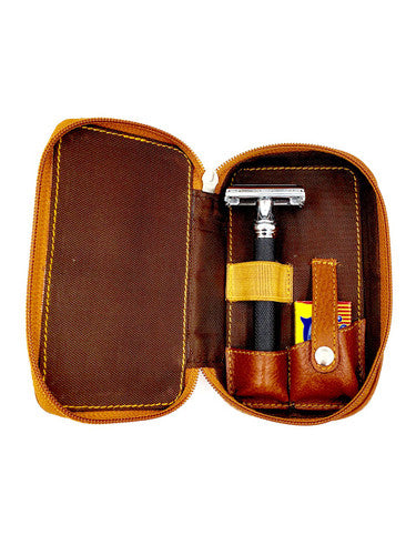 Parker - Saddle Brown Genuine Leather Safety Razor Travel Case