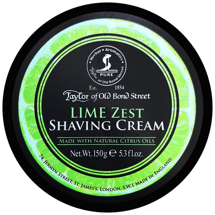 Taylor of Old Bond Street - Lime Zest Shaving Cream  An uplifting fragrance of fresh Lime and Orange complemented by mid notes of Lavender & Tarragon with undertones of Patchouli and Cedarwood.  Taylor Of Old Bond Street Lime Zest Shaving Cream 150gr. The story of Taylor of Old Bond Street dates back to the 19th century. It started with a determined business family who decided to make men's grooming products and accessories.