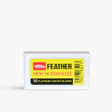 Feather Double-Edge Safety Razor Blades are a green and cost-efficient alternative to purchasing the disposable, cartridge-based razors.  FEATURES  Very sharp and long-lasting  Coated in platinum to prevent rust and increase its durability  Compatible with modern double edge safety razors (Merkur, Parker, Edwin Jagger, etc.) NOTE: Feather Black and Yellow, blades are crafted with the same materials. The only difference lies in how they are packaged: