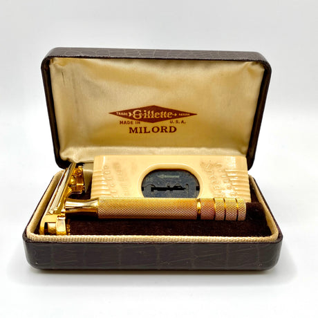 1947-1950 Gillette Milord Gold Safety Razor in Alligator Case