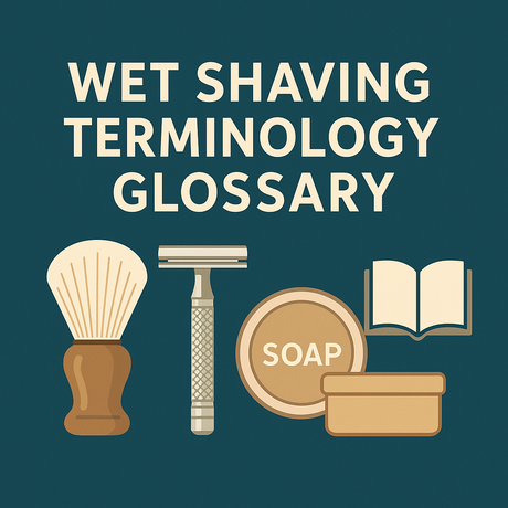 Wet shaving terminology glossary illustration: a teal square background with the title “WET SHAVING TERMINOLOGY GLOSSARY” in cream text above vector icons of a shaving brush, a double-edge safety razor, a round shaving soap tin, and an open book.