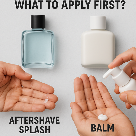 Visual comparison of aftershave splash and aftershave balm with product names labeled and the question 'What to Apply First?' — ideal for guiding post-shave skincare routines.
