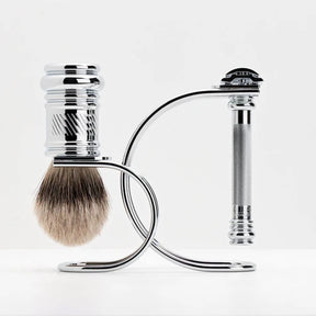 Merkur - 3pcs Shaving Set - Bright Chrome Finish - 38c DE Razor, Badger Brush & Stand