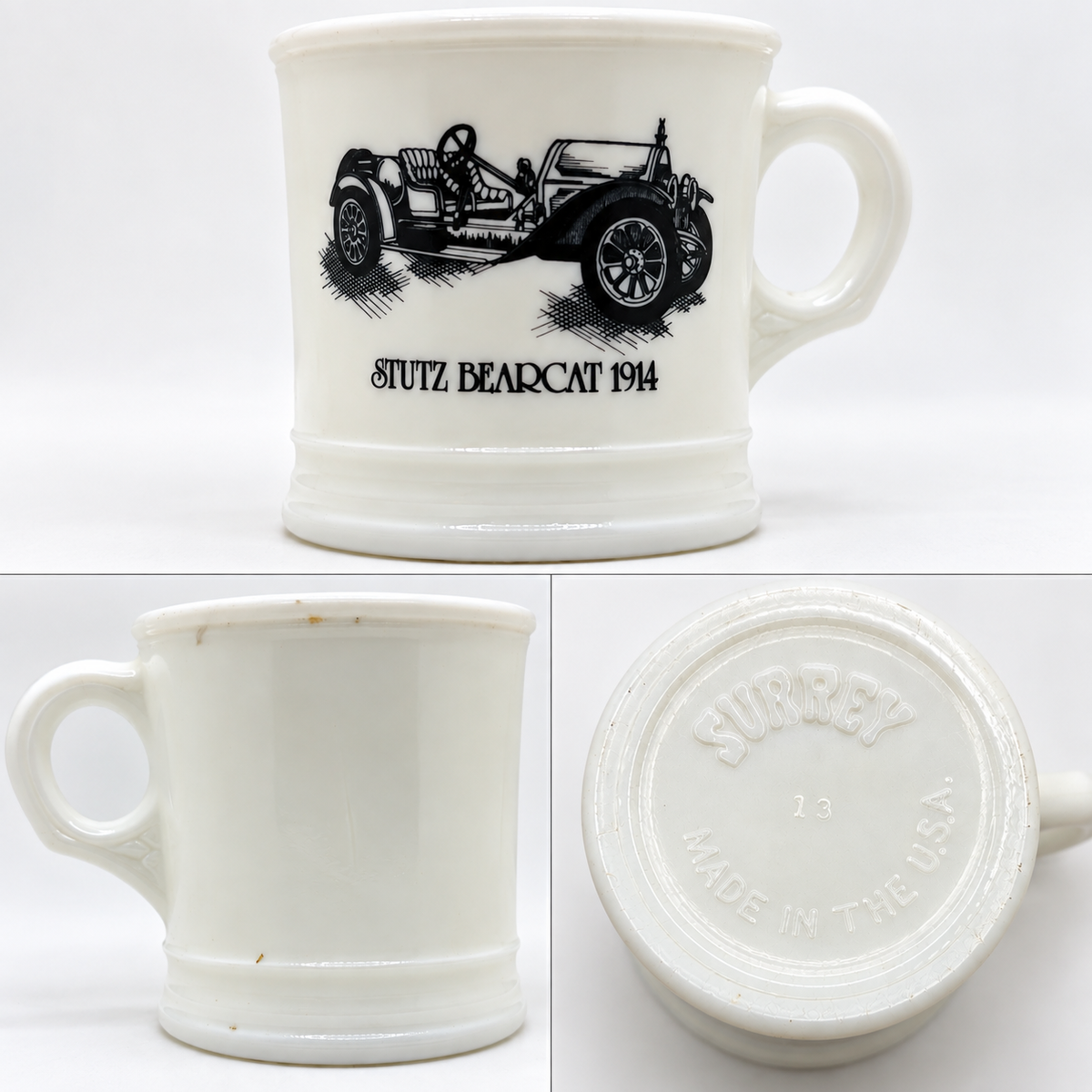 Vintage Surrey Stutz Bearcat 1914 Milk Glass Shaving Mug