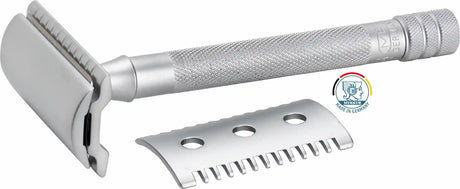 Merkur 22c Matt Chrome Dual Closed & Open Comb Plates 3 Piece Long Handle Safety Razor