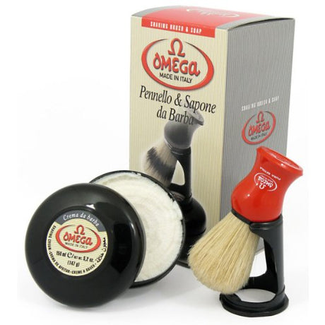 Omega - Shaving Brush Set - Pure Bristle Shaving Brush, Stand, Shaving Cream
