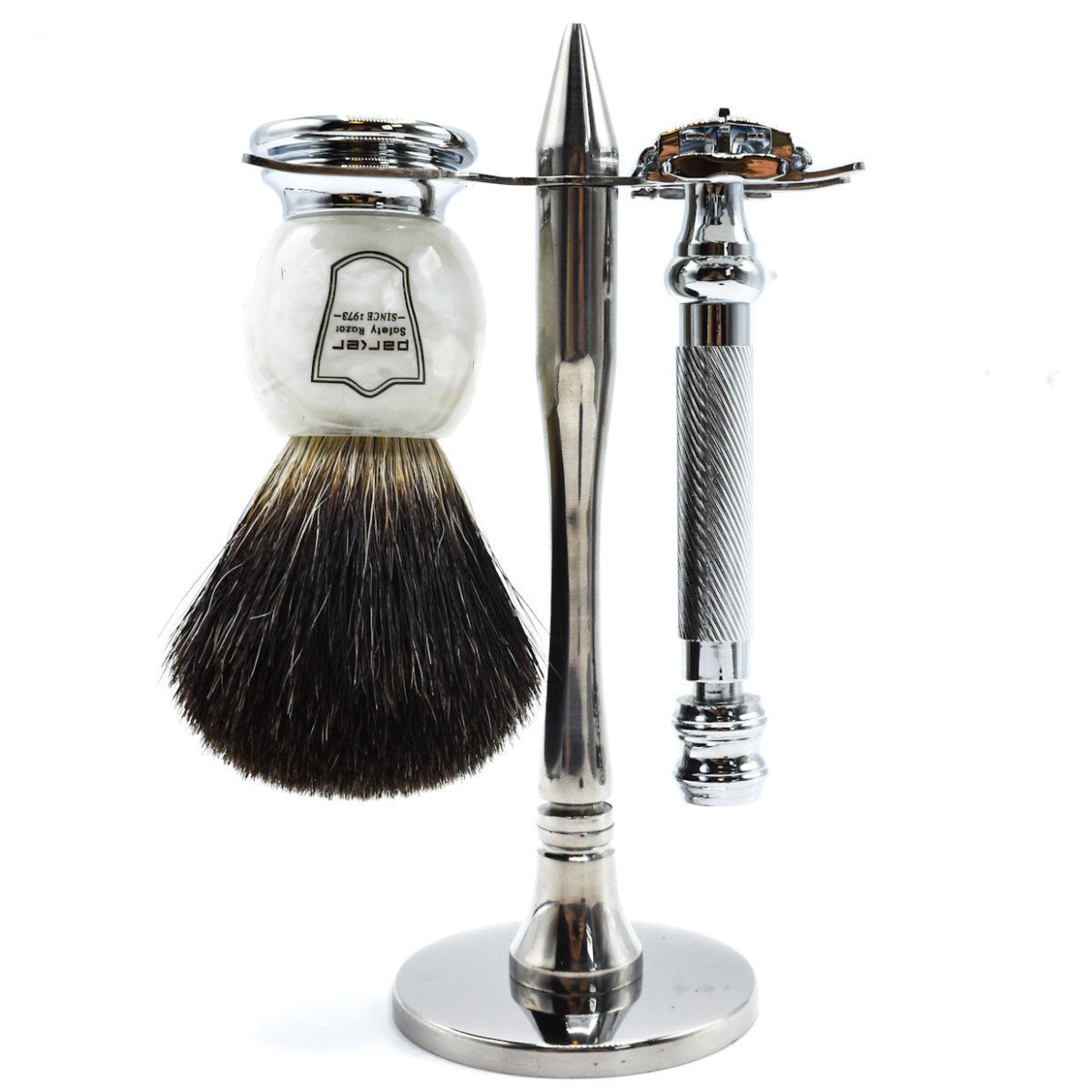 Parker 99R Heavyweight Butterfly Razor & Black Badger Brush 3-Piece Shave Set