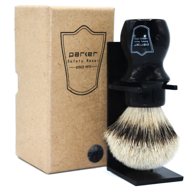 Parker Black Silvertip Badger Long Handle Shaving Brush & Stand 22mm