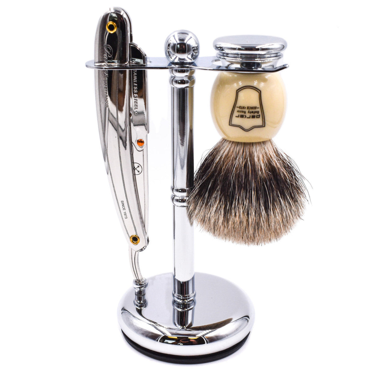 Parker Deluxe Chrome Straight Razor and Shaving Brush Stand