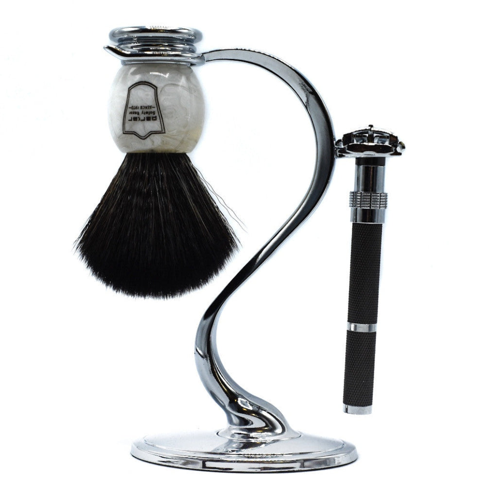 Parker Deluxe Heavyweight High Luster Chrome Safety Razor and Shaving Brush Stand