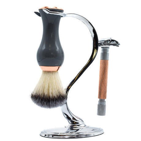 Parker Deluxe Heavyweight High Luster Chrome Safety Razor and Shaving Brush Stand