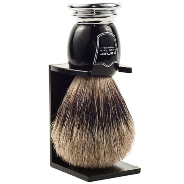 Scratch & Dent Parker Black & Chrome Handle Pure Badger Shaving Brush and Stand