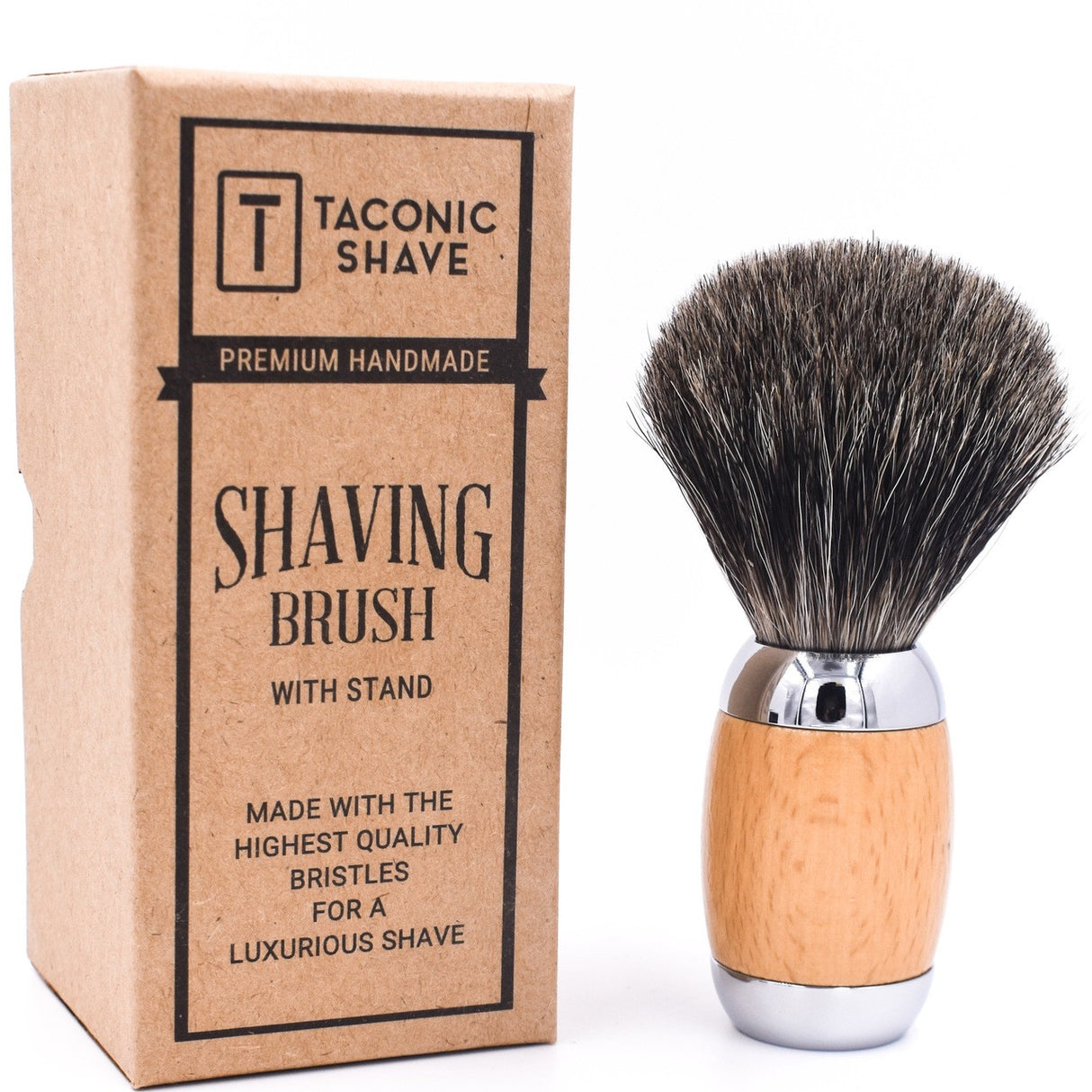 Taconic Shave Wood & Chrome Handle Mixed Badger Shave Brush & Stand
