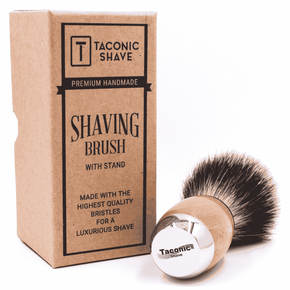 Taconic Shave Wood & Chrome Handle Deluxe Pure Badger Shave Brush & Stand