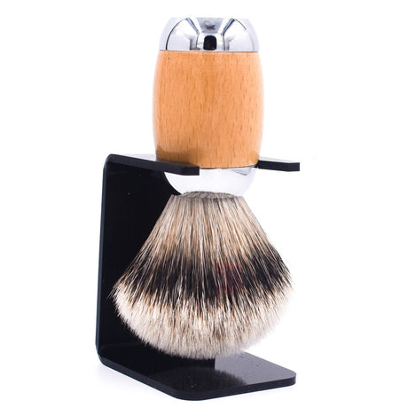 Taconic Shave Wood & Chrome Handle Silvertip Badger Shave Brush & Stand