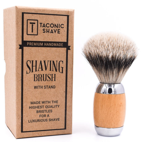 Taconic Shave Wood & Chrome Handle Silvertip Badger Shave Brush & Stand