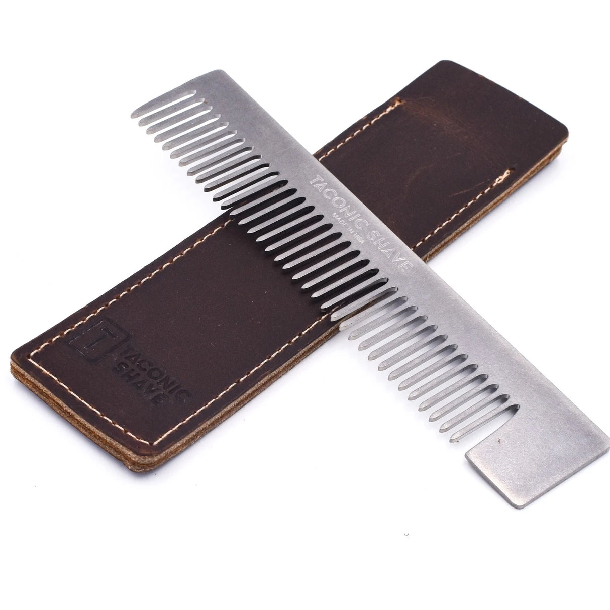 Taconic Shave Premium Stainless Steel Pocket Comb and Leather Case Made in USA