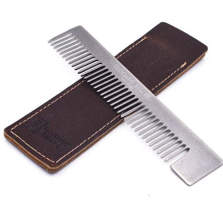 Taconic Shave Premium Stainless Steel Pocket Comb and Leather Case Made in USA
