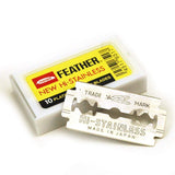Feather Double-Edge Safety Razor Blades are a green and cost-efficient alternative to purchasing the disposable, cartridge-based razors.  FEATURES  Very sharp and long-lasting  Coated in platinum to prevent rust and increase its durability  Compatible with modern double edge safety razors (Merkur, Parker, Edwin Jagger, etc.) NOTE: Feather Black and Yellow, blades are crafted with the same materials. The only difference lies in how they are packaged: