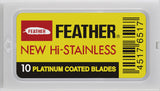 Feather Double-Edge Safety Razor Blades are a green and cost-efficient alternative to purchasing the disposable, cartridge-based razors.  FEATURES  Very sharp and long-lasting  Coated in platinum to prevent rust and increase its durability  Compatible with modern double edge safety razors (Merkur, Parker, Edwin Jagger, etc.) NOTE: Feather Black and Yellow, blades are crafted with the same materials. The only difference lies in how they are packaged: