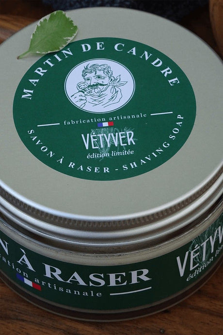 Martin de Candre Vetyver (vetiver) Shaving Soap 200g - Artisan Soap & 100% Vegan    Description LIMITED EDITION Martin de Candre Vetyver (Vetiver) Shaving Soap  Martin de Candre, artisan soap maker based in Fontevraud l’Abbaye, rural France, the maker of some of the worlds finest shaving soaps. Vétyver or Vetiver Shaving Soap benefits from a deep, masculine scent that has a light smokey base with lots of fragrant, grassy, greenery including lemongrass and citronella. Martin de Candre.