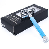 The 29L safety razor in blue is designed for both men and women. The long, thin handle is excellent for women who prefer a double edge safety razor or men who prefer thinner handles. It is highly textured which makes shaving in the shower with wet soapy hands a breeze. With its traditional butterfly twist-to-open design, when used with a quality blade, it will deliver a smooth and comfortable shave every time!