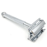 The chrome handle is highly textured which makes shaving in the shower with wet soapy hands a breeze. Its long thin handle makes it easier for women to use and men find its lighter weight can help make the razor more maneuverable. This is a great razor that belongs in your shave den.