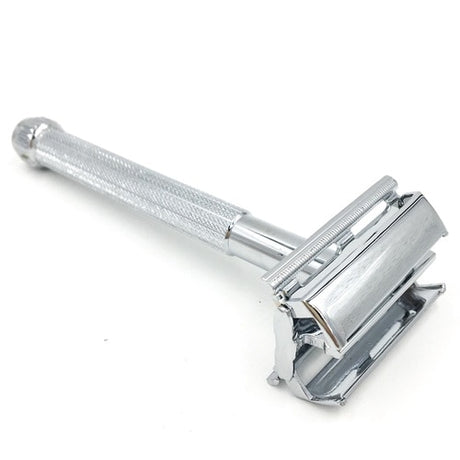 The chrome handle is highly textured which makes shaving in the shower with wet soapy hands a breeze. Its long thin handle makes it easier for women to use and men find its lighter weight can help make the razor more maneuverable. This is a great razor that belongs in your shave den.