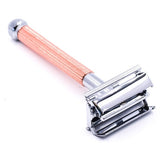 The 29L safety razor with its classy rose gold handle is designed for both men and women. The long, thin handle is excellent for women who prefer a double edge safety razor or men who prefer thinner handles. It is highly textured which makes shaving in the shower with wet soapy hands a breeze. With its traditional butterfly twist-to-open design, when used with a quality blade, it will deliver a smooth and comfortable shave every time!