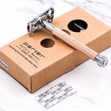 The 29L safety razor with its classy rose gold handle is designed for both men and women. The long, thin handle is excellent for women who prefer a double edge safety razor or men who prefer thinner handles. It is highly textured which makes shaving in the shower with wet soapy hands a breeze. With its traditional butterfly twist-to-open design, when used with a quality blade, it will deliver a smooth and comfortable shave every time!