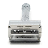 This beautifully designed chrome plated all brass razor is a smooth shaver. Parker Safety Razor has been making the highest quality, precision engineered safety razors for over 45 years.  Razor type: Butterfly Open Razor  Weight: 4 oz.  Length: 3.8 in.  Handle material: Genuine brass frame, chrome plated