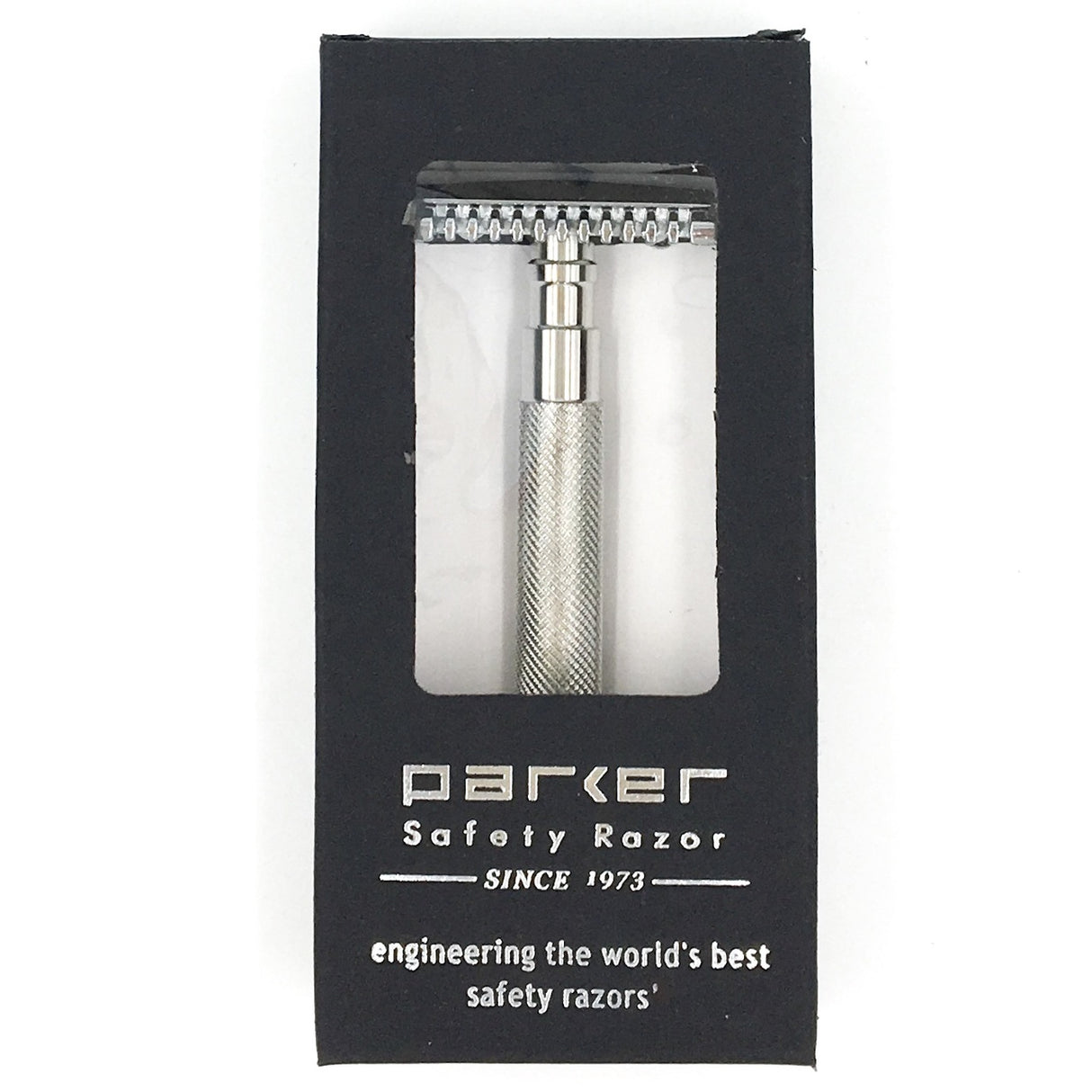 Parker’s famous 3-piece razor head delivers an excellent shave – both close and comfortable — it ensures precise blade alignment.  Razor type: Traditional 3-Piece Safety Razor with Open Comb Chrome Plated Head Weight: 110 g/3.9 oz. Length: 4.0 in. Handle Material: Marine Grade 316L Stainless Steel