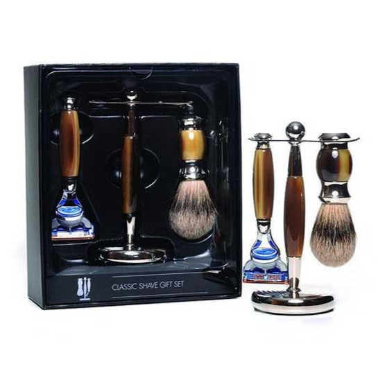 PureBadger Collection Brown 3pc Shaving Set, Faux Horn Silvertip Shaving Brush, Fusion Razor & Stand