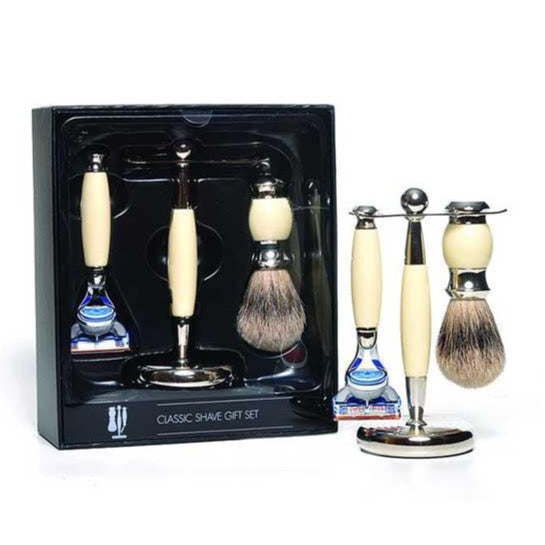 PureBadger Collection Cream 3pc Shaving Set, Faux Ivory Silvertip Shaving Brush, Fusion Razor & Stand