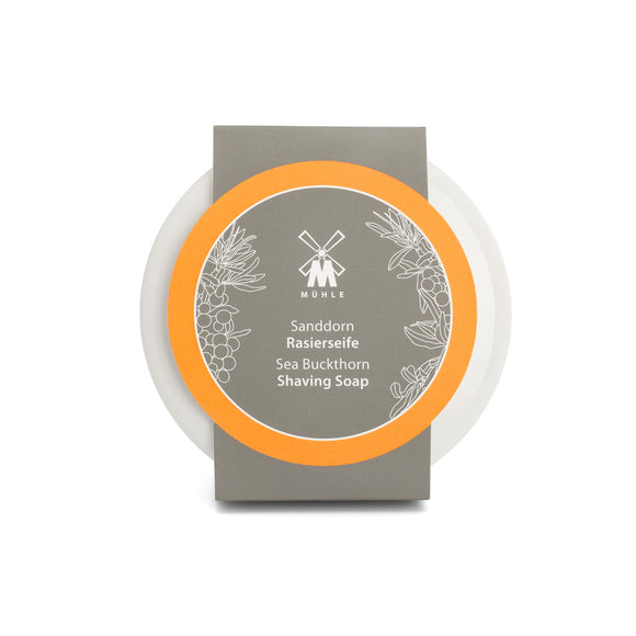Muhle Shaving Soap in Porcelain Bowl- Sea Buckthorn  60 mm, 2.4 inch  All MÜHLE soaps are made from very elaborate recipes that perfectly prepare the skin and beard at a particularly careful and mild shave. A benefactor fun!  Sea Buckthorn ? fruity and fresh  Fresh-fruity care to complete the perfect wet shave: The sea buckthorn extract contained in the MÜHLE soap is rich in palmitic acid that supports skin regeneration in a natural way. With fine fragrance notes of lime and orange.