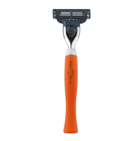 DETAILS  Edwin Jagger Orange Mach 3 Razor. Combining expert craftsmanship with modern design, this Edwin Jagger Orange Mach3 Razor is part of the Diffusion 71 Range of Edwin Jagger Gillette® Mach3® Razors, Shaving Brushes, and Sets.  The contemporary, lightweight Orange handle is finished with bright chrome trim, and the Mach3 blade head.  Approximate length - 13cm.  R710CR