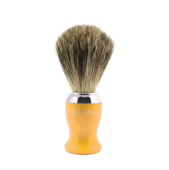 Edwin Jagger Yellow Shaving Brush (Pure Badger).   A contemporary style brush, finished with bright chrome trim and filled with genuine Pure Badger hair. Will provide a good lather when used with a quality shaving cream or soap. Also available with a matching razor and gleaming chrome stand.  Overall height 103mm  Knot size 21mm We recommend that, after daily use, shaving brushes are thoroughly rinsed in warm water and hung to dry in a stand.
